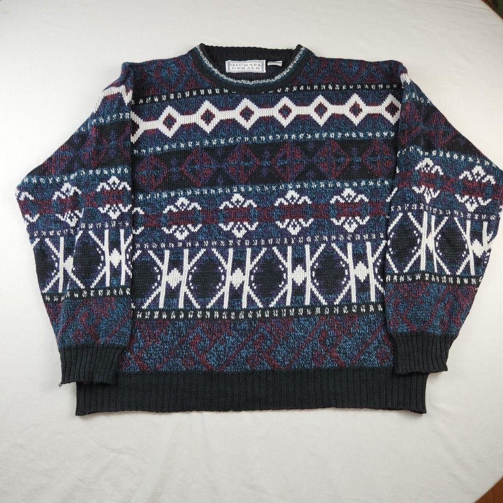 Michael Gerald Vintage 90s Black‎ Geometric Abstract Knit Sweater XL